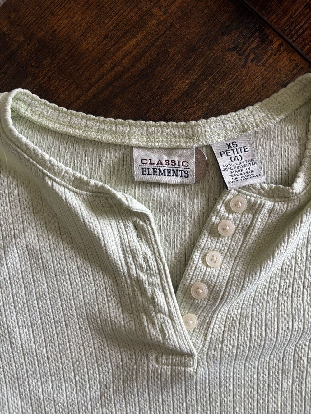 Classic Elements Light Sage Ribbed Henley Long Sleeve Top